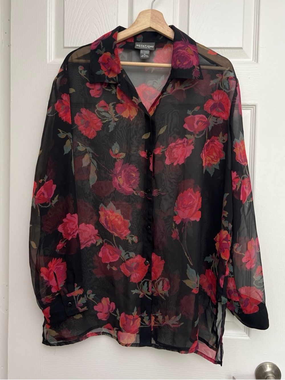 Notations Black Sheer Button-Front Blouse with Pink Rose Print